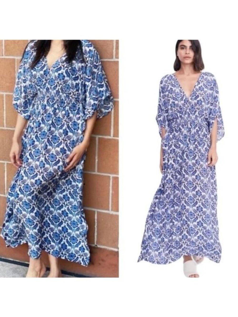 Rujuta Sheth x Anthropologie Marie White Blue Lotus Maxi Kaftan Dress - S / M